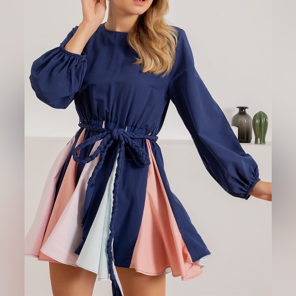Women’s Navy Blue Multi-Color Skater Mini Dress - Large